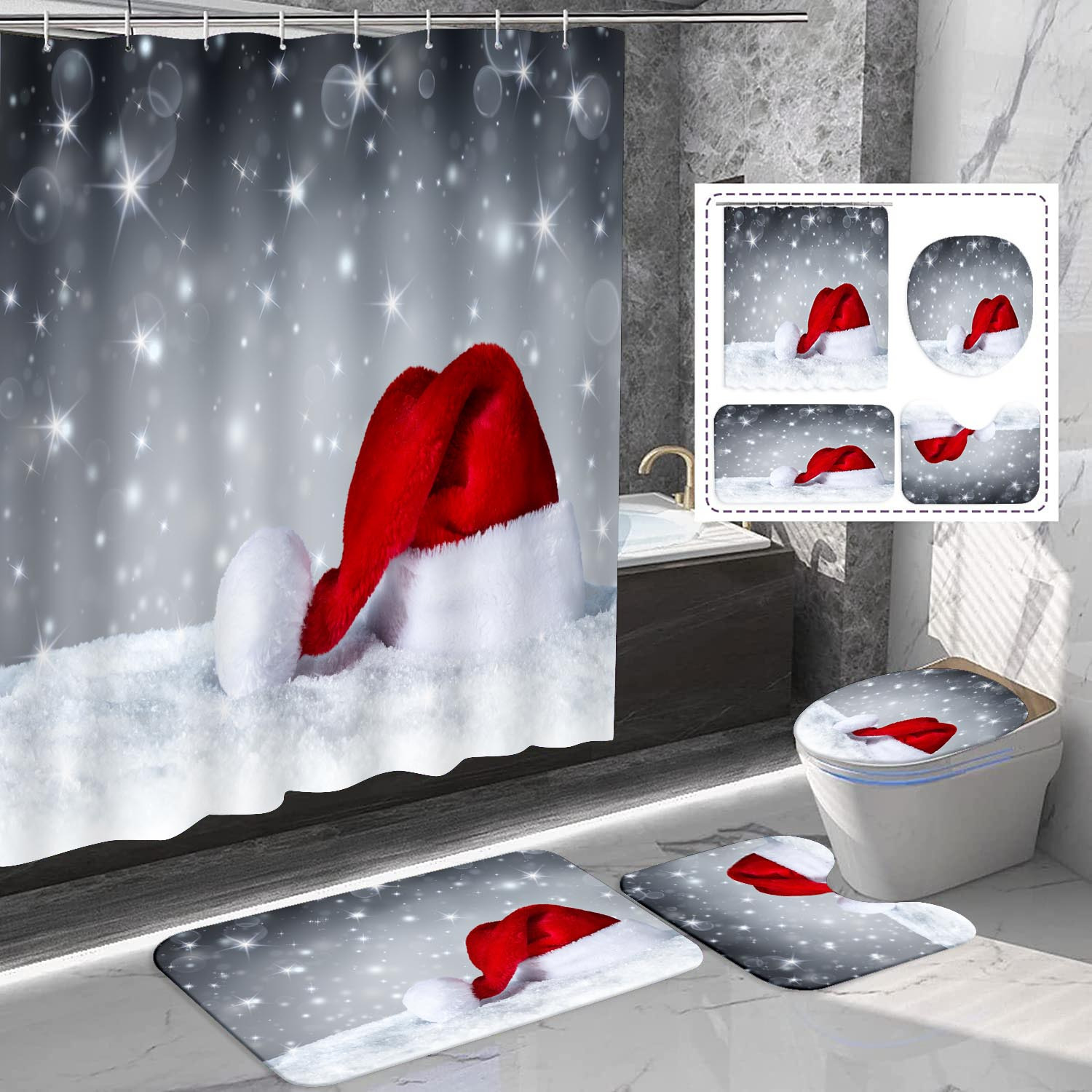 

Festive Christmas Red Santa Hat Bathroom Set: 71x71in/180x180cm, Includes Shower Curtain, Bath Mats, And Toilet Seat Cover With Artistic Snowflake Design, Suitable For Home Decoration