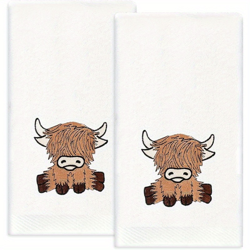 

2pcs Highland Cow Hand Towels, , Super Polyester, Cartoon Theme, Machine Washable, 18x26 Inches, For Kitchen, Bathroom, Cooking, Cleaning