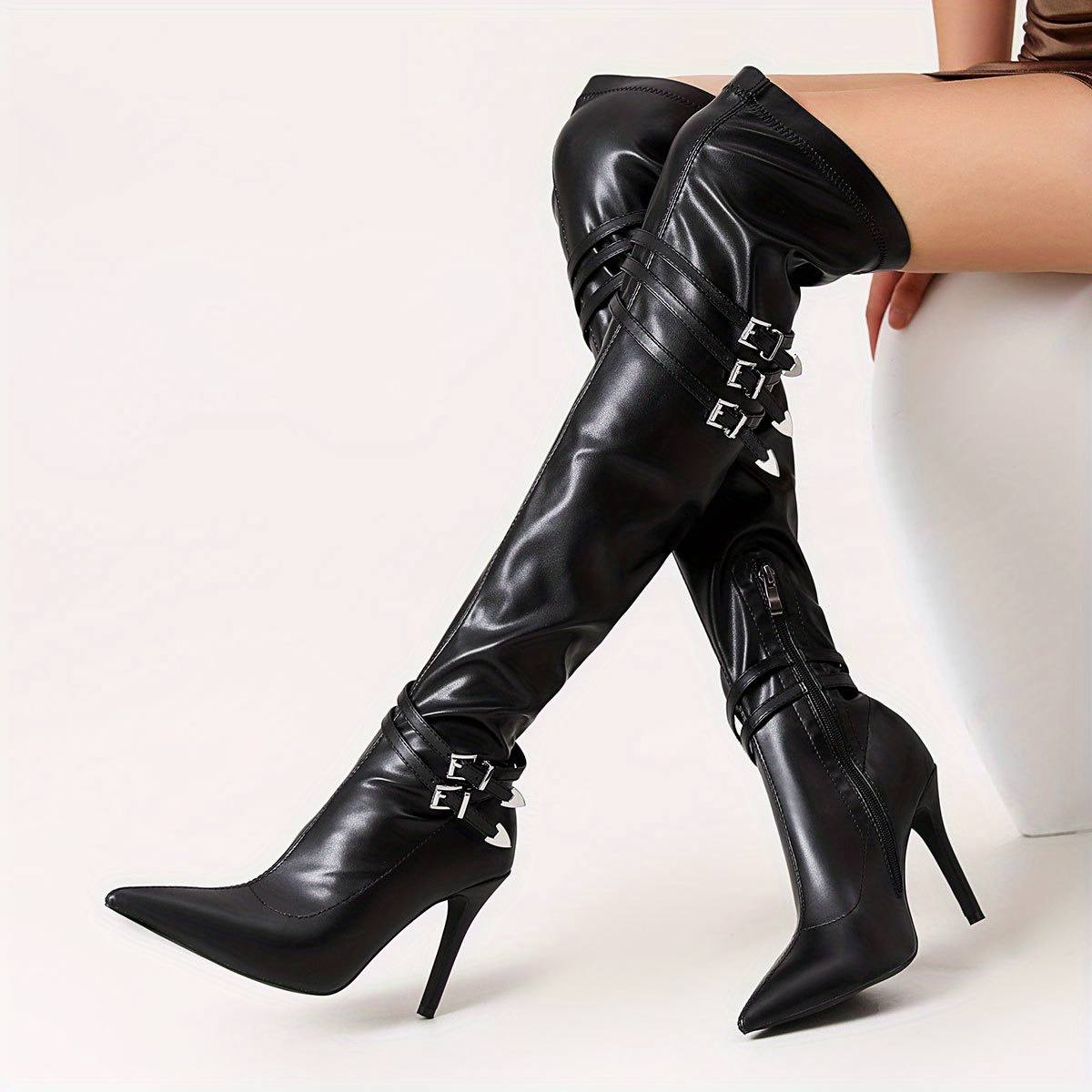High-heeled Winter Knee-high Boots For Women With A Black Strap, Women Shoes
