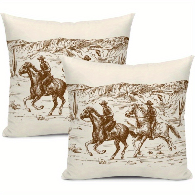 

2-piece Set Western Cowboy Themed Linen Cushion Covers 18x18 Inches, Soft Comfortable For Home Decor, Woven Rectangular Throw Case, Seasonal Decoration Without Power Supply