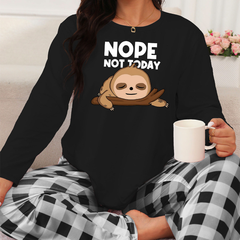 

Sloth Graphic Casual Pajama Set For Adults, Knit Polyester Crew Neck Long Sleeve Top With Checkered Pants, Comfort Stretch Fabric, All-season Sleepwear