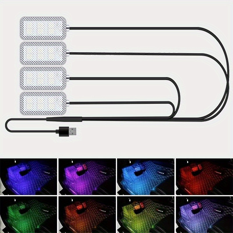 

1pc USB alimenté LED éclairage pour voiture, éclairage à pédale 4 canaux, lampe de pied colorée 5V pour la décoration intérieure du véhicule, aucune pile requise