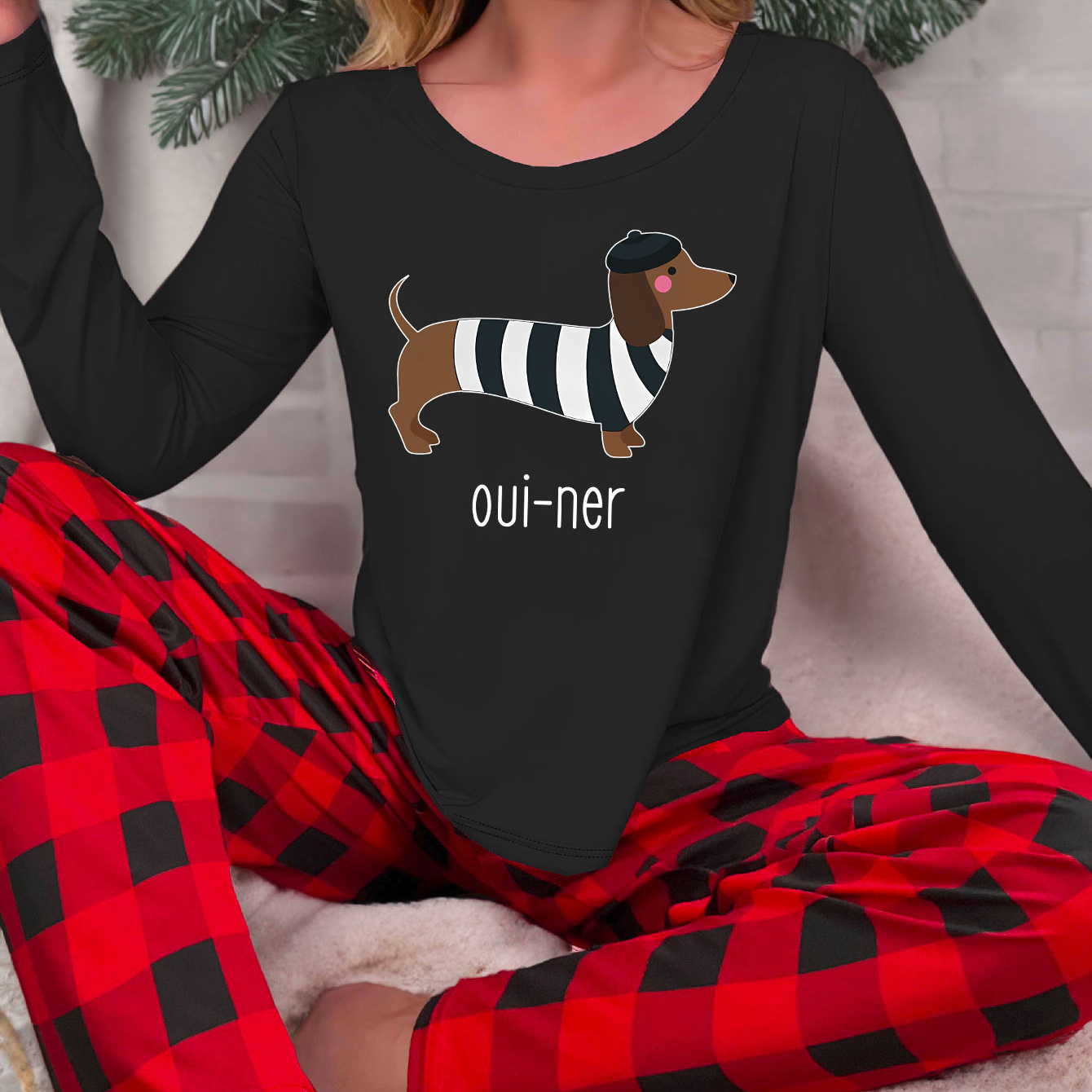 

Women's Casual Knit Polyester Pajama Set With Dachshund Cartoon Print, Long Sleeve Crew Neck Top And Red Black Plaid Pants, Stretchy Fabric Blend (95% Polyester, 5% Elastane) For Fall