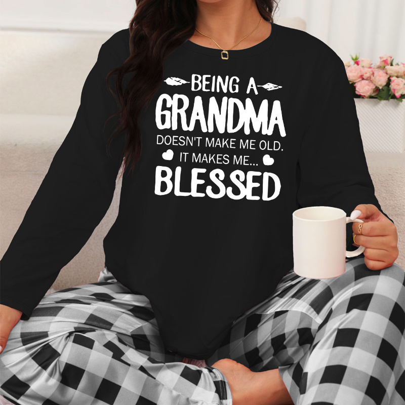 

Day : Grandma Crew Neck Casual Pajama Set – Knit Polyester Fabric With Elastane, Checkered Long Sleeve Top & Pants, , 95% Polyester 5% Spandex, Alphabet Pattern Leisurewear