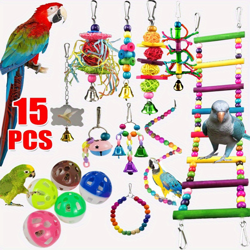 TEMU 15pcs Parakeet Toy Bundle - & Boost Your Parrots Mind With Colorful, Durable Interactive Toys For !