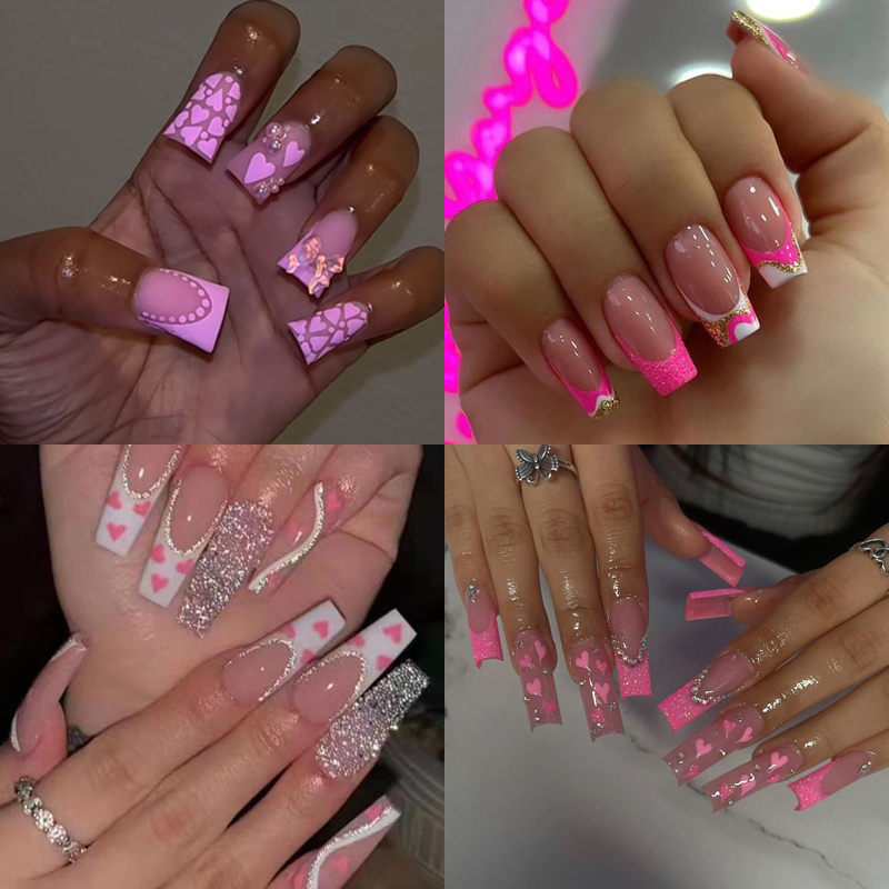 TEMU 96 Valentine's Day Fake Nails - Coffin Press Nails Nails Pink French Nail Glue Shiny Acrylic Fake Nails For Women