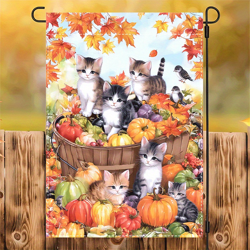 

Jit 1pc Double-sided Cute Cat And Autumn Harvest Polyester Garden Flag - Weather-resistant, No Electricity Needed, Vibrant Fall Kittens Design, 12x18 Inch