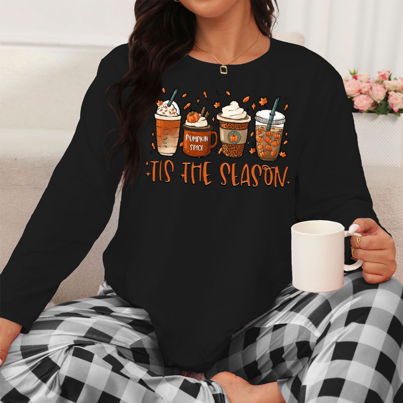 

Women's Casual Pumpkin Coffee & Slogan Print Lounge Set For Fall, Long Sleeve Round Neck Top & Pants, Comfortable Relaxed Fit