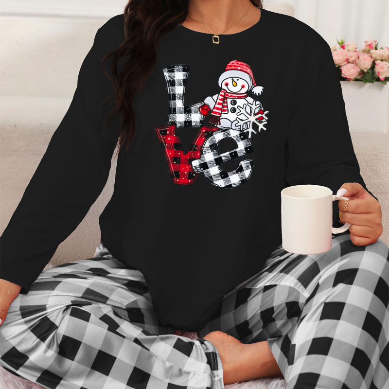 

Christmas Pajama Set: Checkered Lettering And Snowman Design, Adult Size, Knit Fabric, Polyester , Cozy