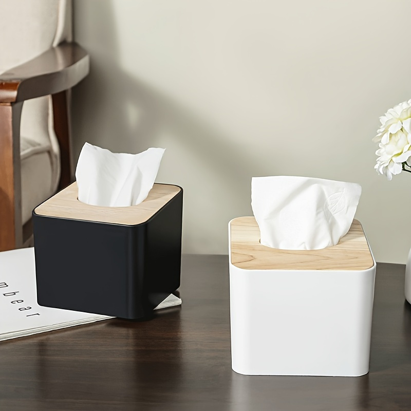 

1pc Plastic Tissue Box Wooden Lid - Tissue For And