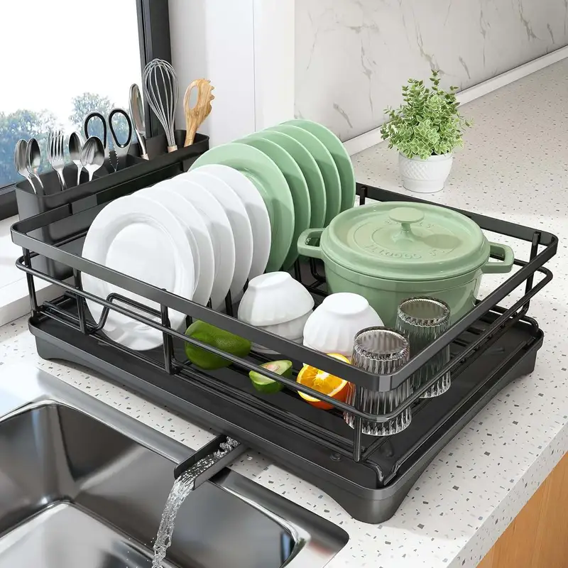 dish drying rack stainless steel dish rack for sink large dish rack with dish drainer with utensil holder for kitchen black Product details 0