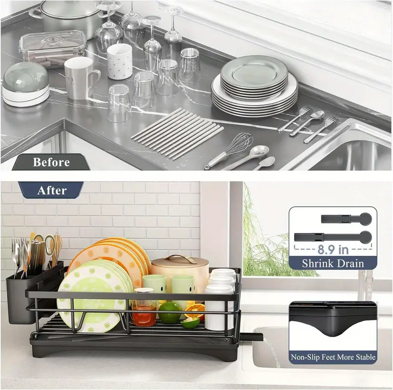 dish drying rack stainless steel dish rack for sink large dish rack with dish drainer with utensil holder for kitchen black Product details 2