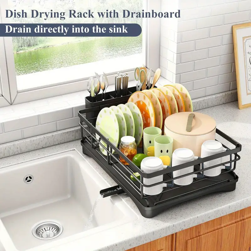 dish drying rack stainless steel dish rack for sink large dish rack with dish drainer with utensil holder for kitchen black Product details 6
