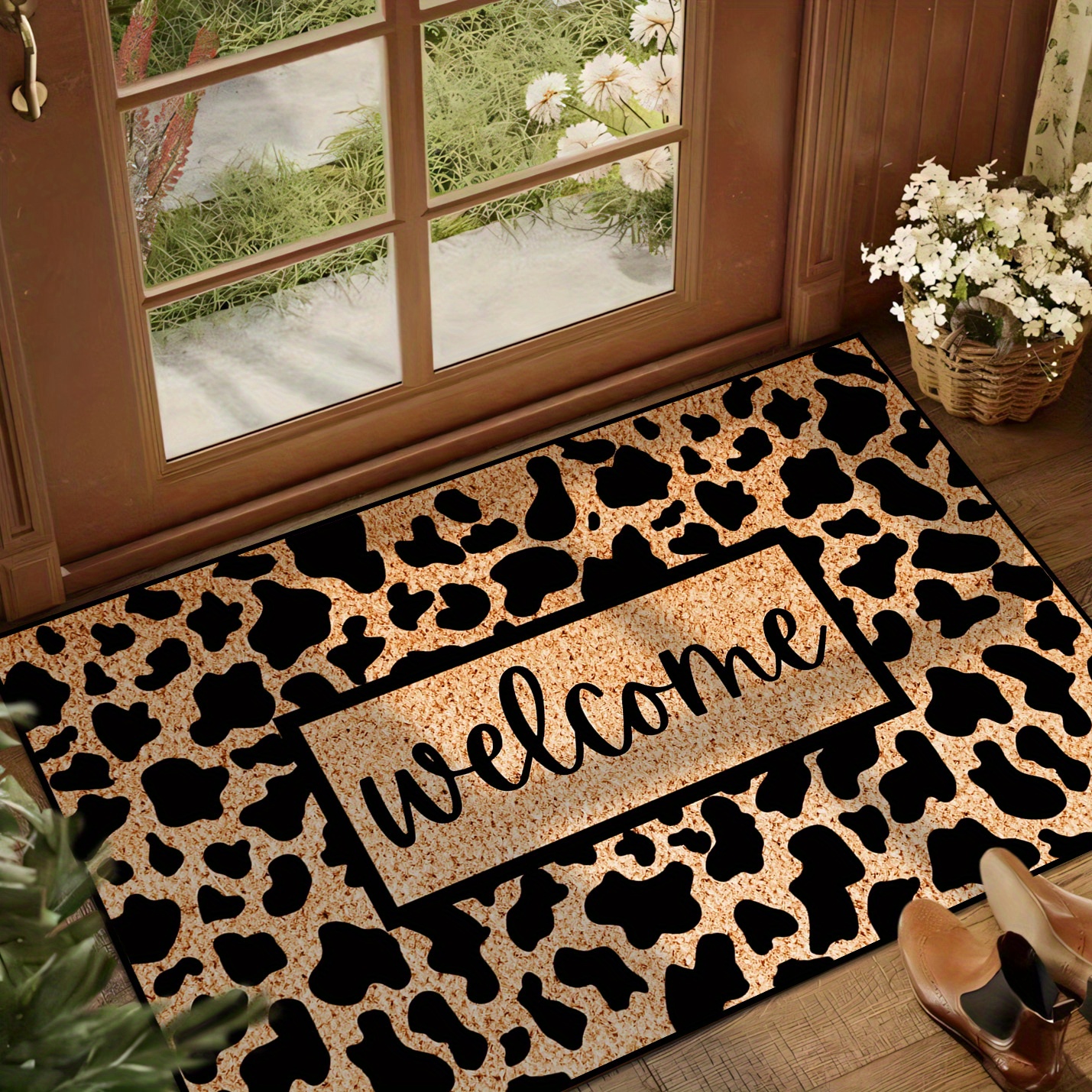 Welcome Mat Cowhide Pattern Brown Non slip Machine - Temu