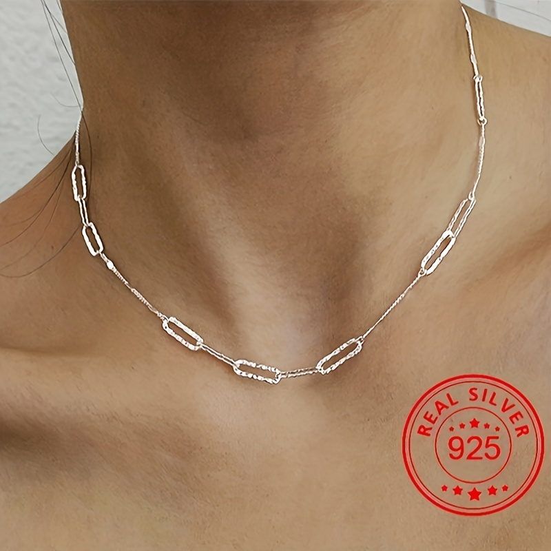 

925 Sterling Silver Wave Sparkling Paperclip Blade Spliced Necklace With Subtle Flash And Low Allergenicity Jewelry