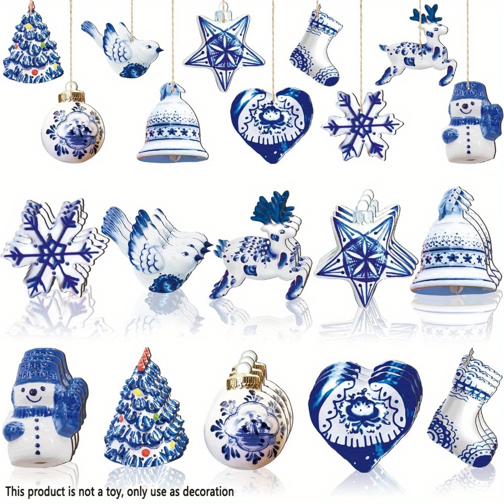 

20pcs, 2d Winter Christmas Blue Style Snowflake Snowman Christmas Tree Bells Wooden Hanging Ornaments, Party Decor, Holiday Supplies, Tree Decor, Yard Garden Decor, Christmas Tree Decor