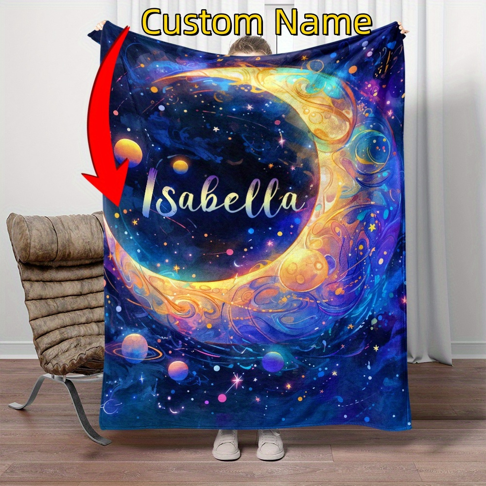 

1pc Starry Sky Personalized Custom Name Blanket - Lightweight Flannel Fleece Throw For Sofa, Bed, Travel - All-season, Jacquard Weave, Digital Print, Machine Washable, Uncharged - Polyester Fiber