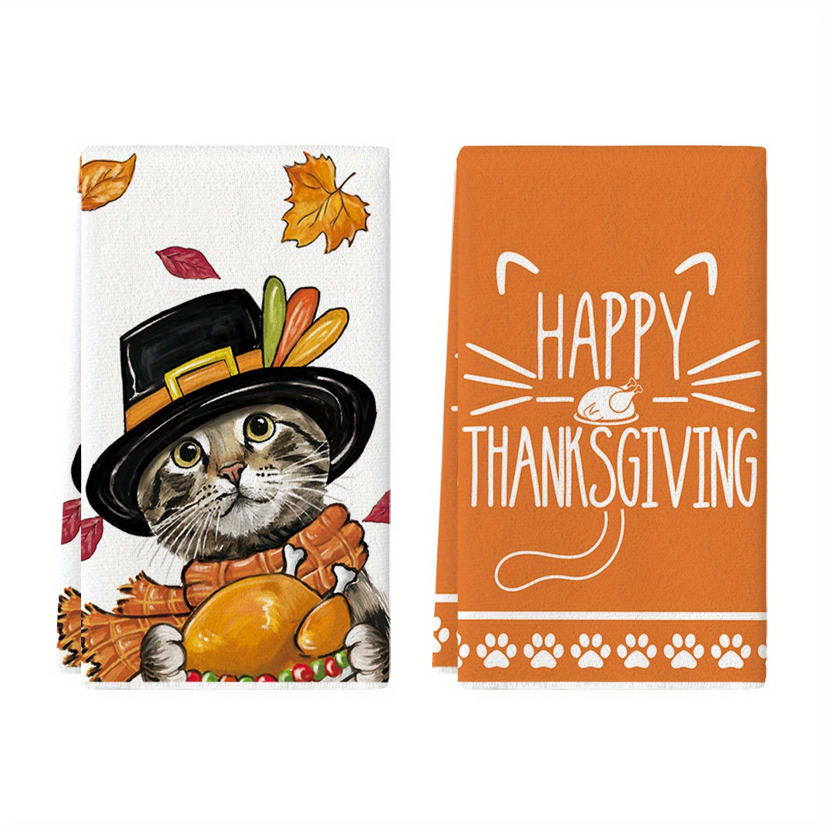 

Sm:)e Cat Turkey Happy Thanksgiving Kitchen Towels Dish Towels, 18x26 Inch Fall Leaves Decoration Hand Towels Set Of 2