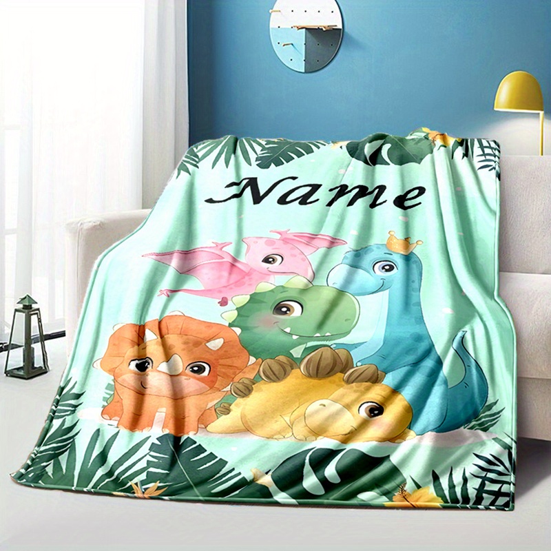 

Personalized Dinosaur Cartoon Flannel Throw Blanket - Custom Name Digital Print, Soft Warm Polyester, Lightweight All-season Bed Sofa Cover, Contemporary Style, 200-250gsm