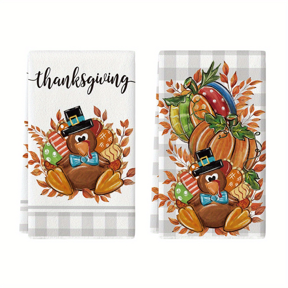 

Sm:)e Buffalo Plaid Kitchen Towels Dish Towels, 18x26 Inch Fall Pumpkin Leaves Decoration Hand Towels Set Of 2