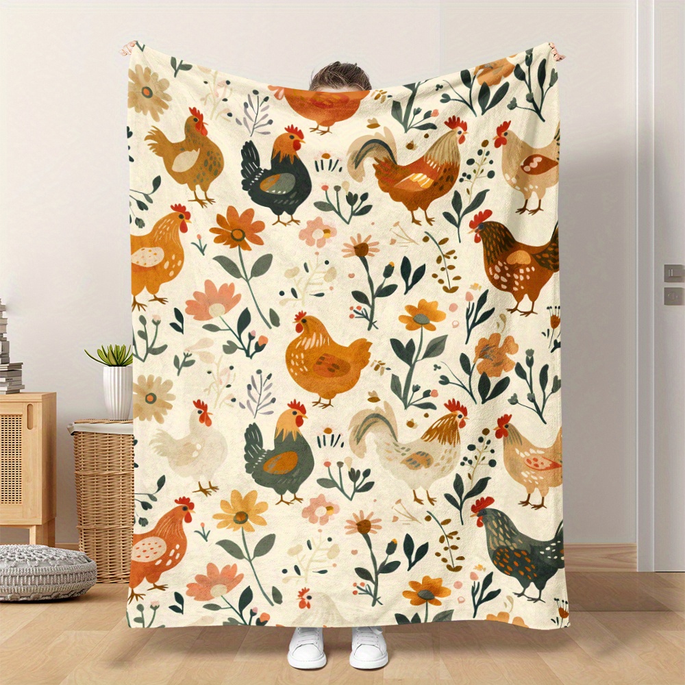 

Cozy Farmhouse Chicken & Floral Print Blanket - Soft, Warm Flannel Throw For , Camping, Travel | Perfect Gift , Family, And