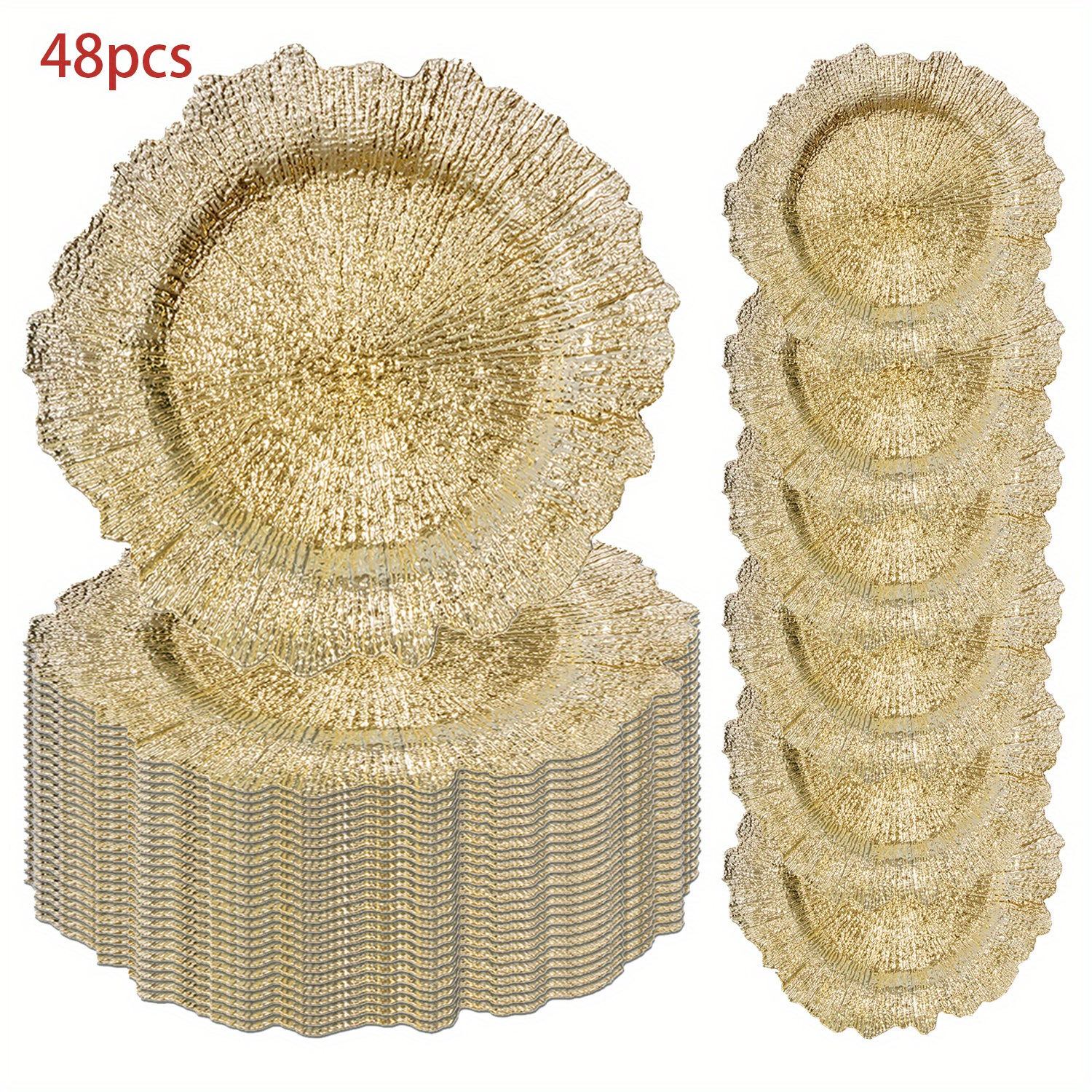 

48pcs, 13inches/ 33cm Gold Charger Plates, Thanksgiving, Christmas, Plate For Dinner Plates, Plastic Table For Wedding