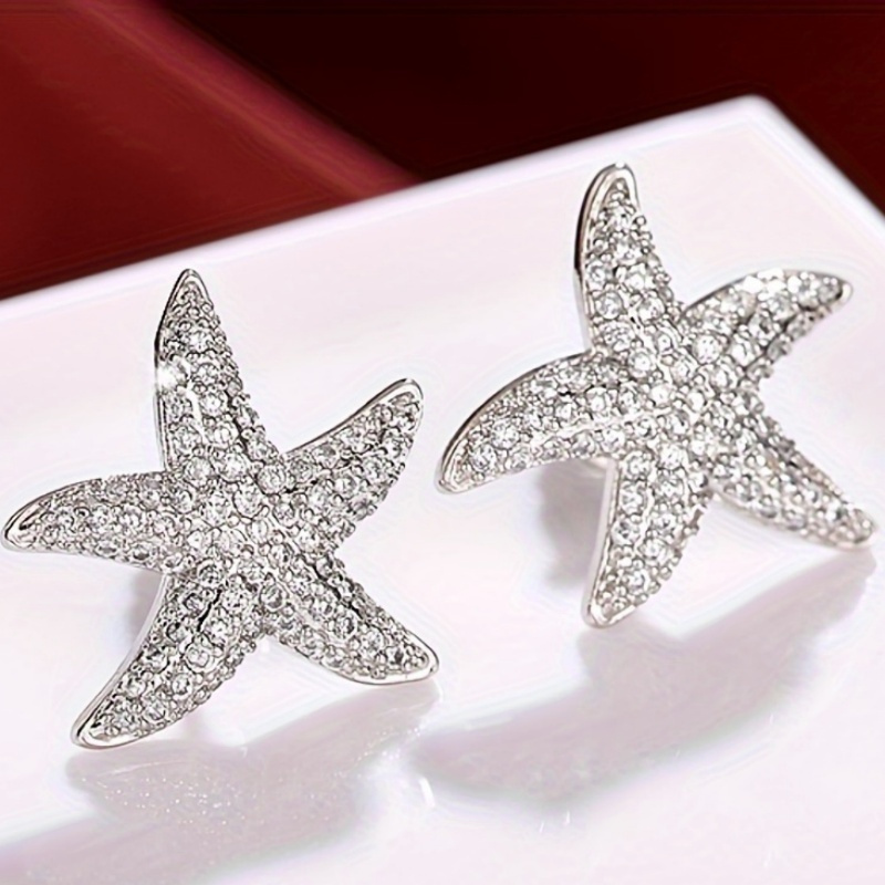 Image of 1 Pair Of Women's Fashion Ear Studs, Exquisite And Shiny Starfish Earrings With Dense Synthetic Synthetic Zirconia For Daily Beach Vacation And Graduation Season Birthday Gifts