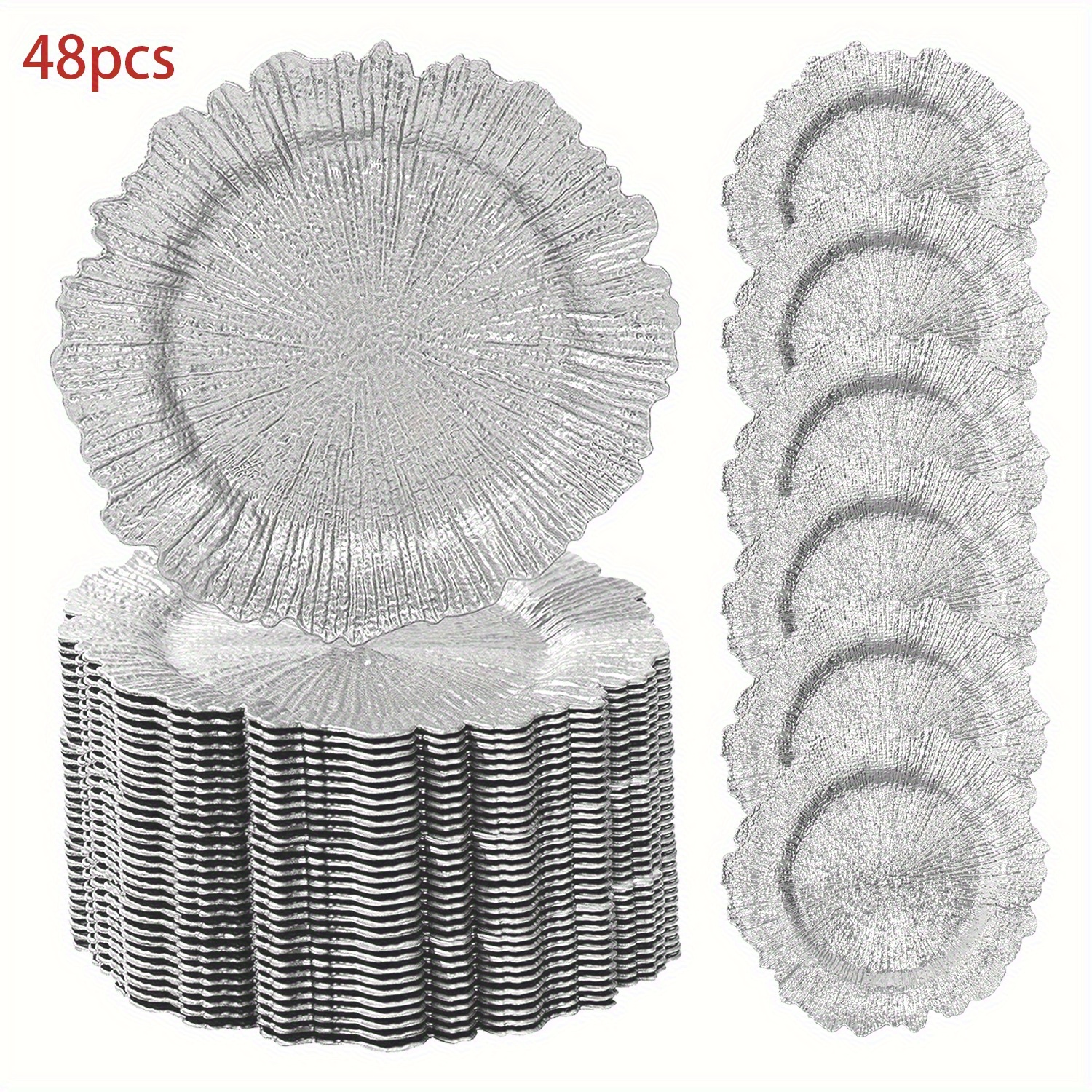 

48pcs, 13inches/ 33cm Silver Charger Plates, Thanksgiving, Christmas, Reef Plate For Dinner Plates, Plastic Table For Wedding