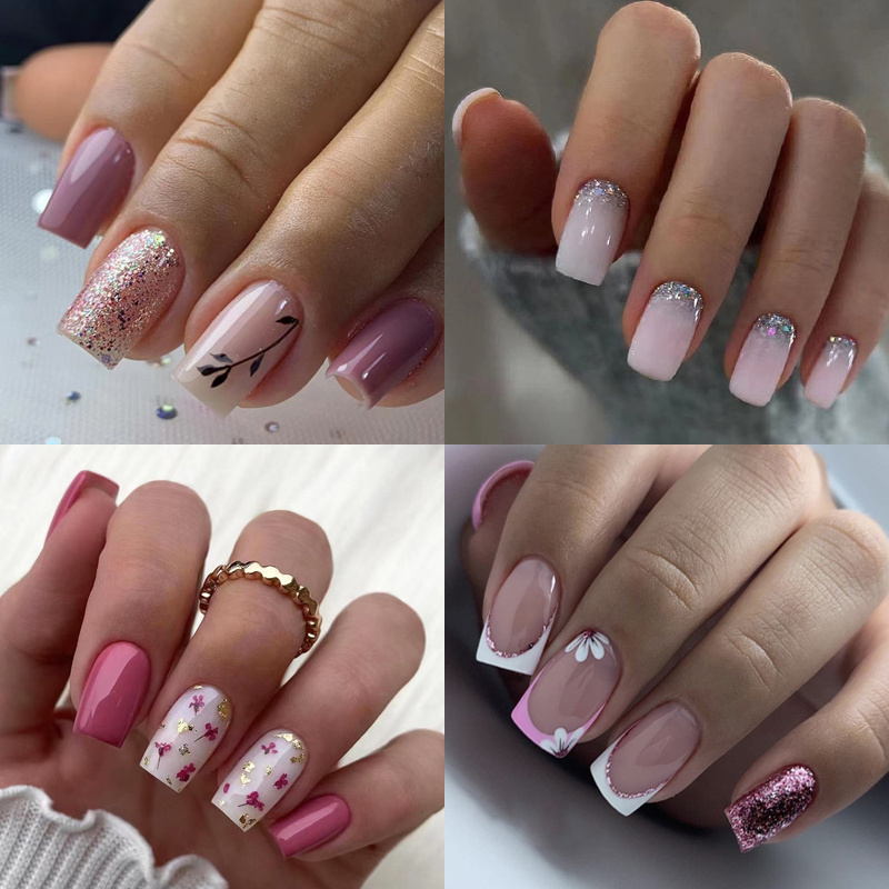 

96 Smooth Short Square Fake Nails, 4 Piece Set Pink Glitter Gradient French Nails, Flower And Glitter Design, Suitable For Women