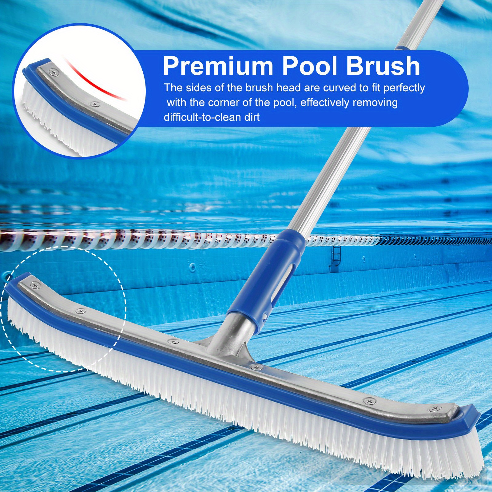 portable swimming pool brush set with 63in adjustable aluminum handle lightweight and     cleaning tiles and pool walls details 2