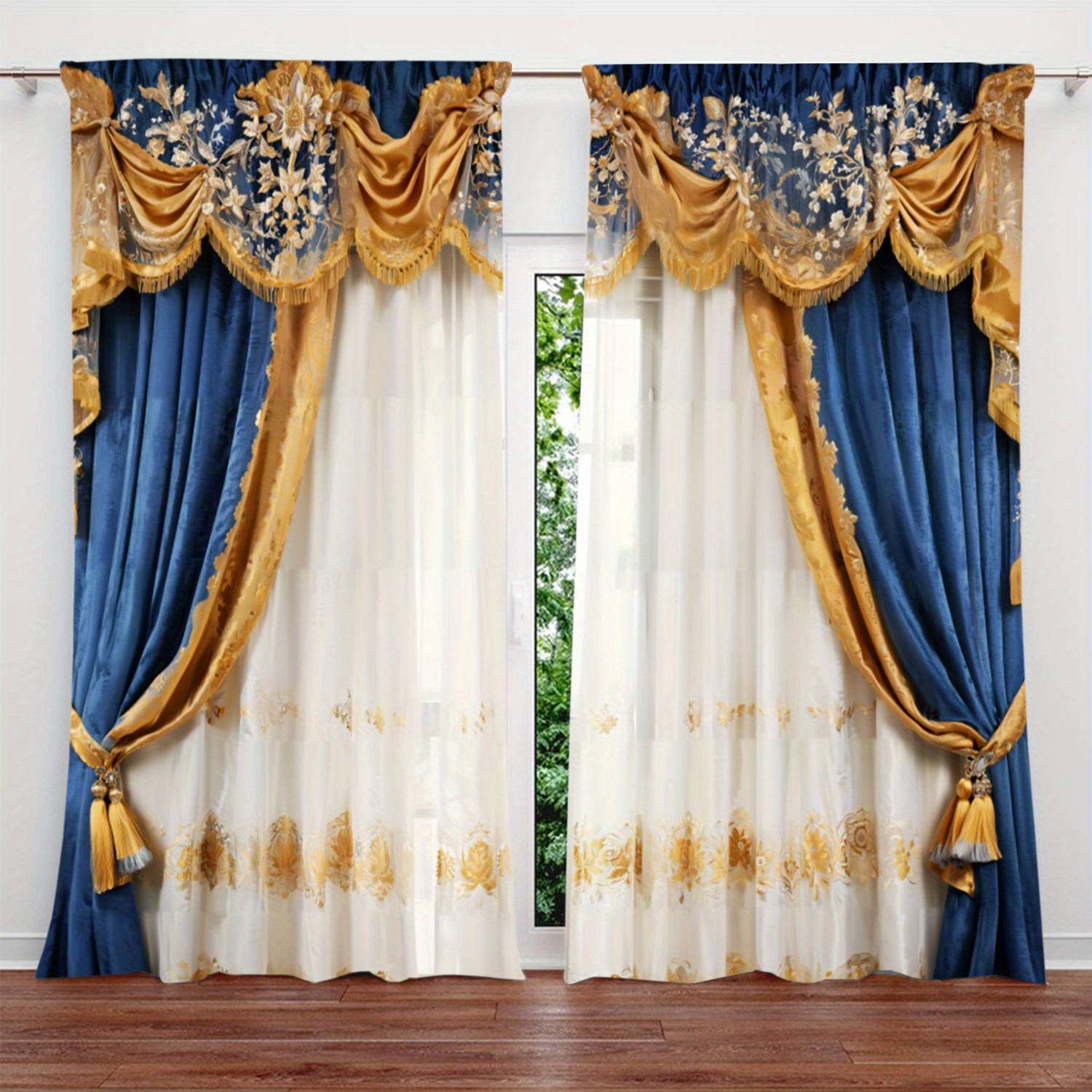 

Elegant Blue Gorgeous Curtain With Floral Print For Home Decor - Rod Pocket Window Treatment For Bedroom, Office, Kitchen, Living Room, And Study