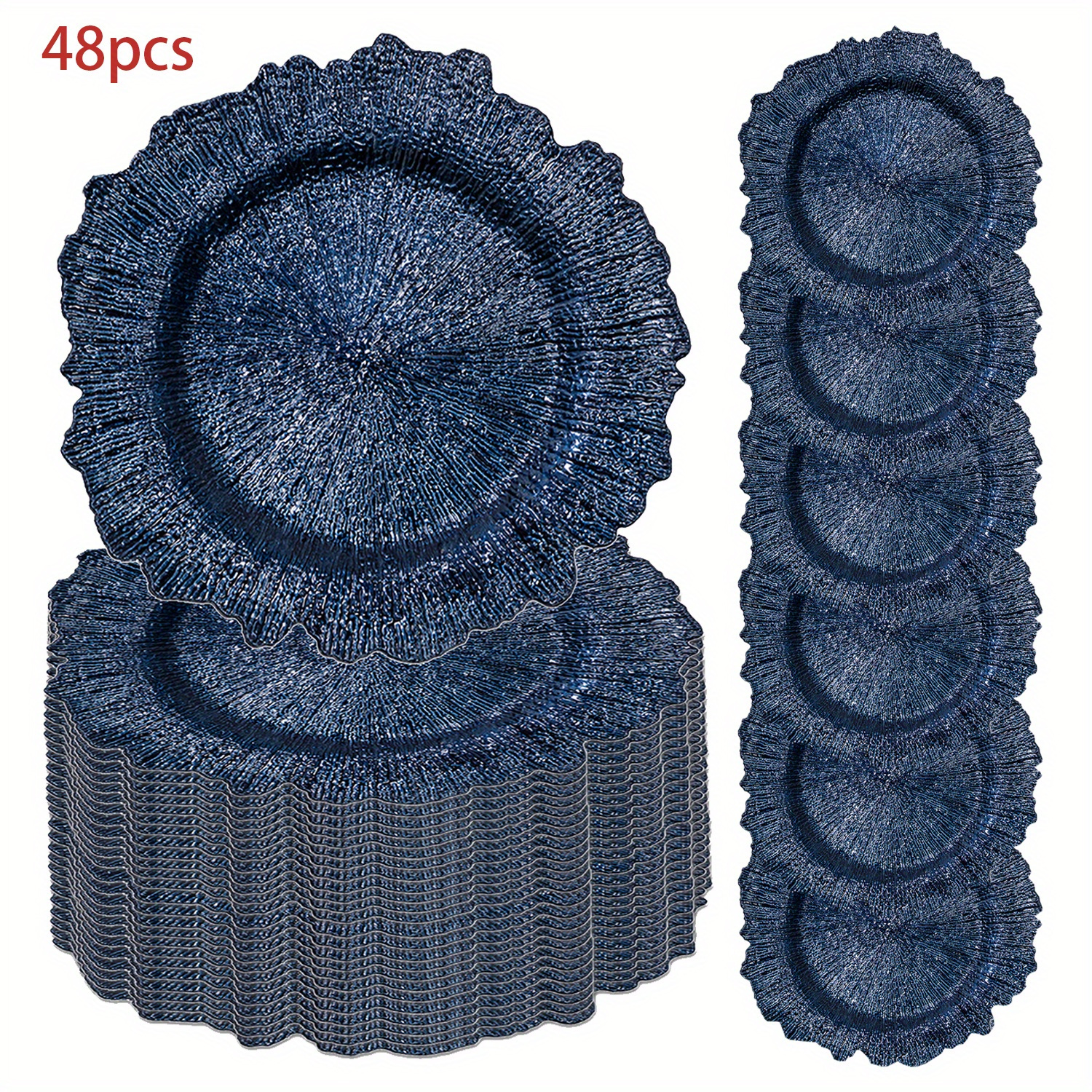 

48pcs, 13inches/ 33cm Blue Charger Plates, Thanksgiving, Christmas, Reef Plate For Dinner Plates, Plastic Table For Wedding