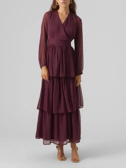 Women's V-Neck Long Sleeve Midi Dress - Loose Fit Boho Tiered Dress For Fall, Beach & Casual Wear