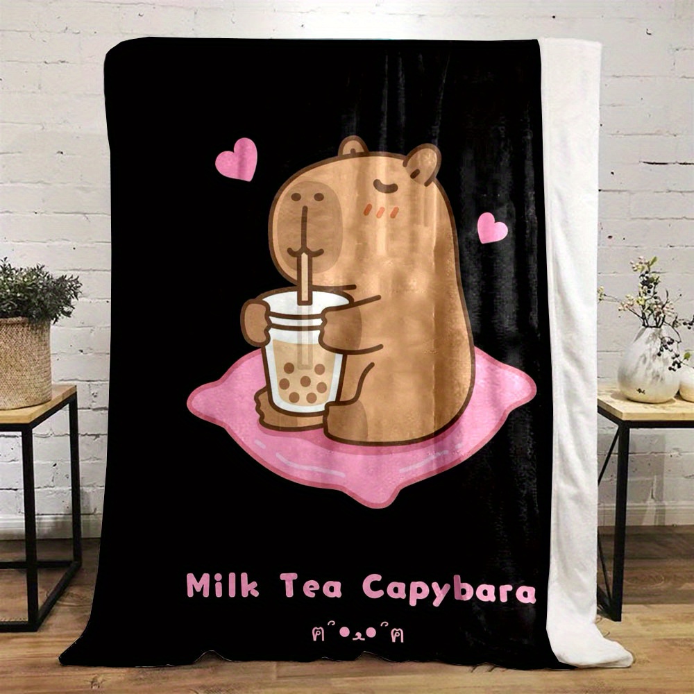 

Capybara Drinking Print Flannel Fleece Throw Blanket - Reversible, , Cartoon-themed, Polyester, Contemporary Style, Non-woven Fabric Weave, Digital