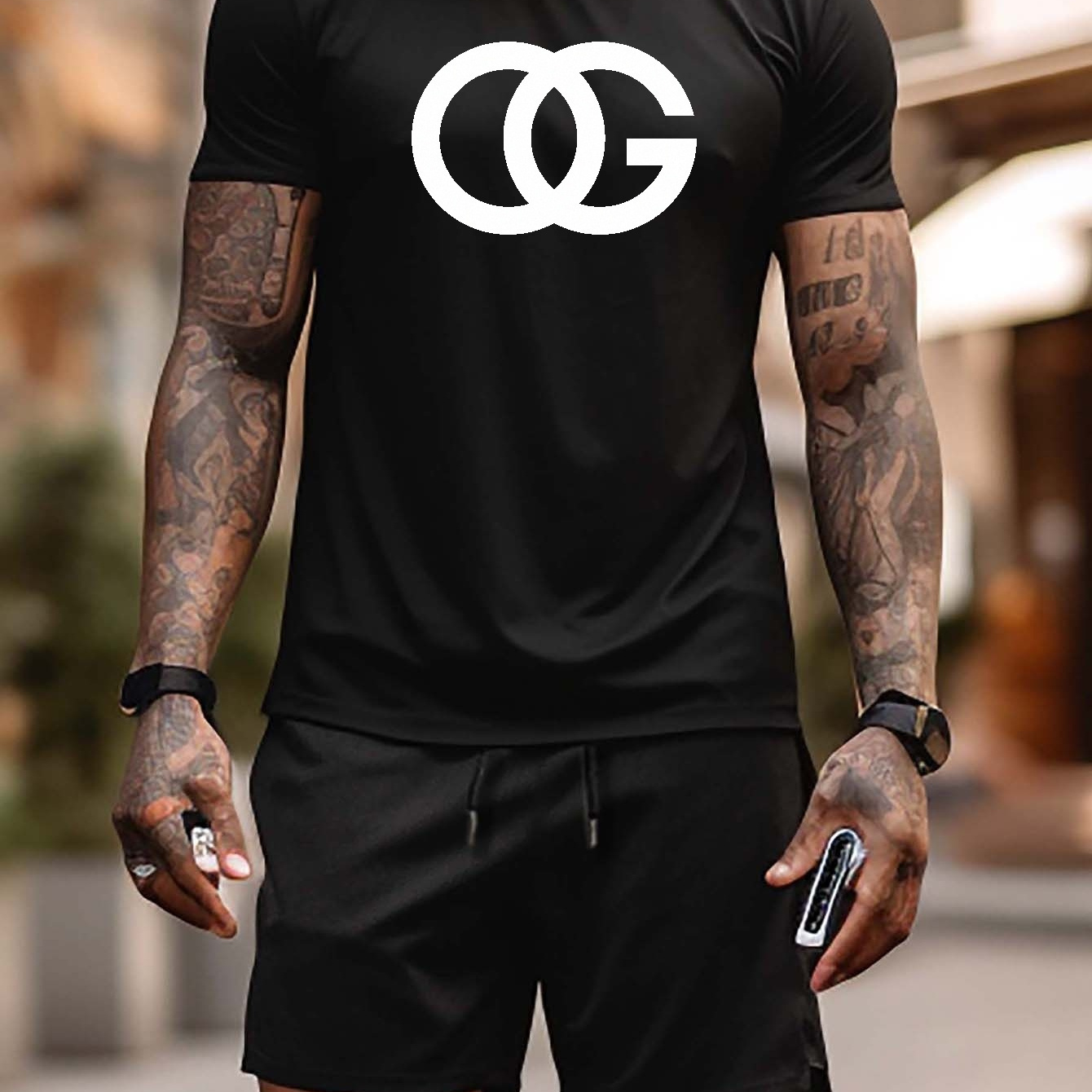 

100% Cotton, Plus Size Men's Set: "og" Crossing Letter Graphic Print T Short-sleeve T Shirt Shorts Set For Summer, Men Clothing