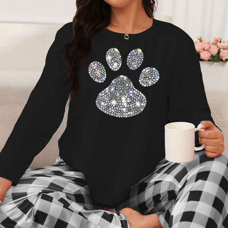 

Cozy Women's Pajama Set With Sparkling Dog Paw Print - Long Sleeve & Pants, Stretchy Polyester , Machine Washable