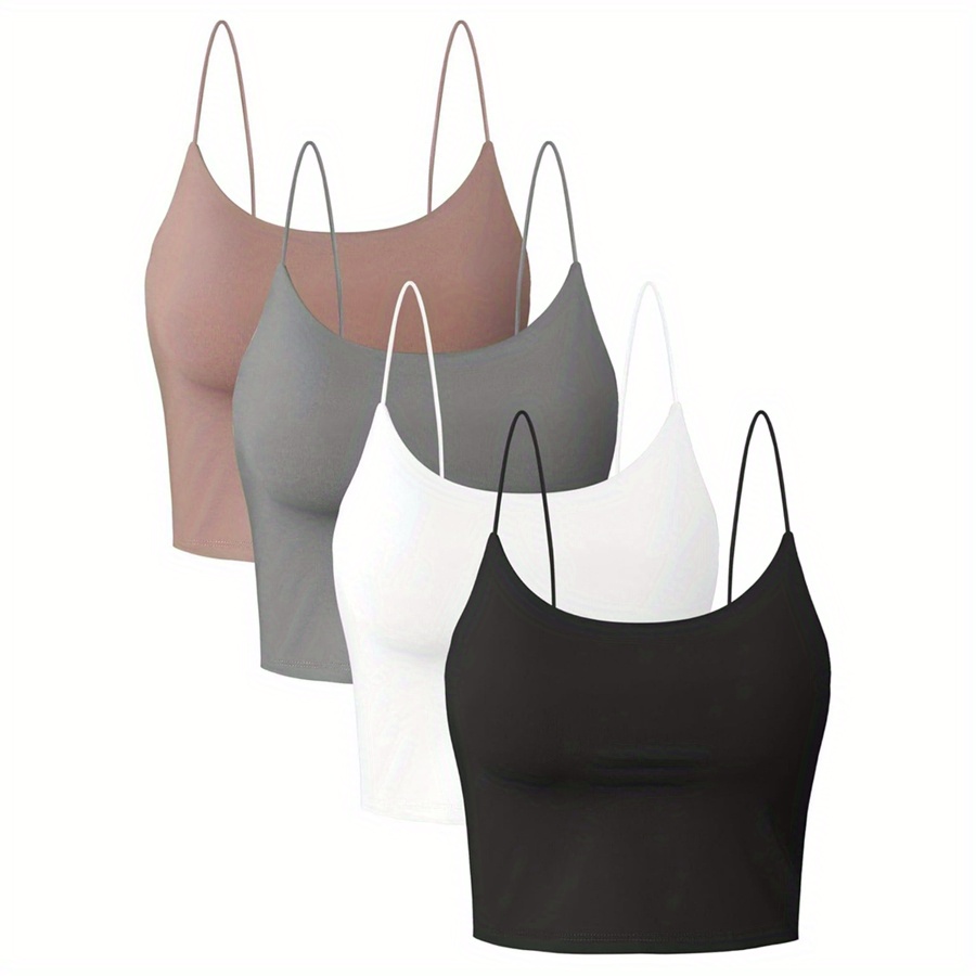 

4 Packs Women's Crop Tank Tops, Basic Solid Double Layer Sexy Slim Fit Camisole, Sleeveless Outerwear And Innerwear Bralette