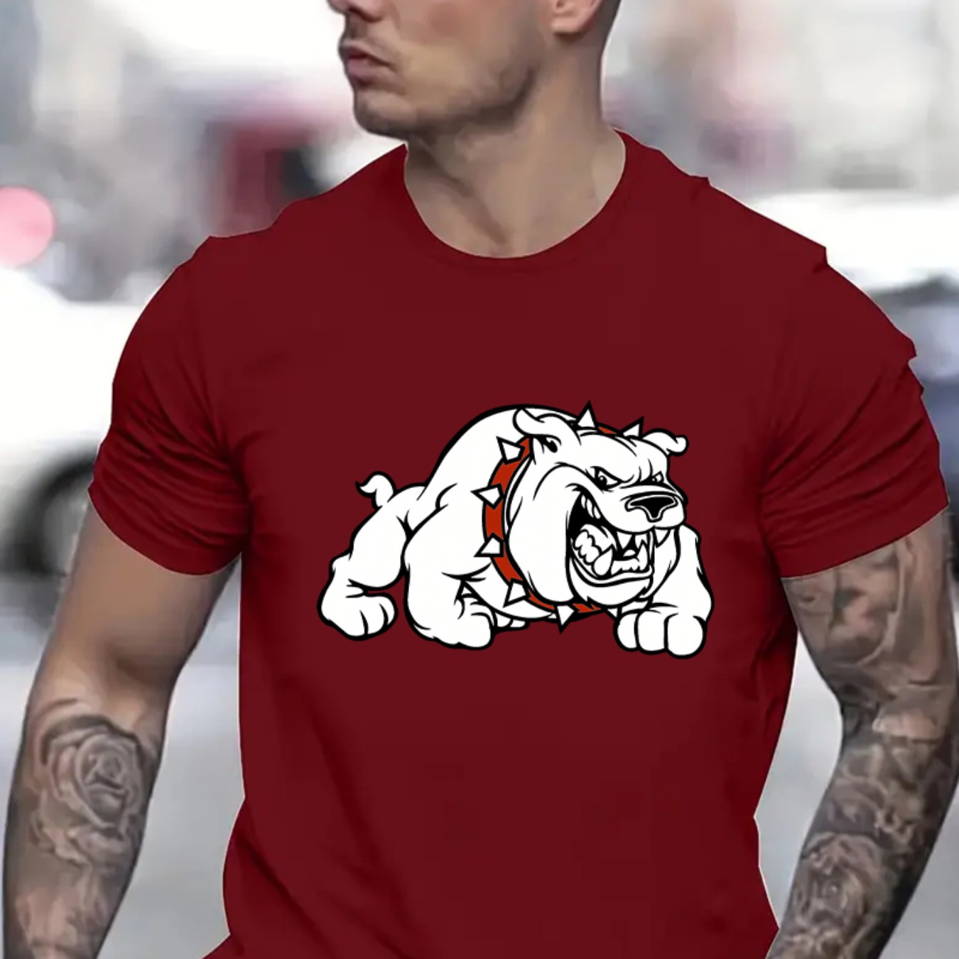 

Men's Crew Neck Bulldog Graphic T-shirt - 100% Polyester Knit Fabric, Casual Regular Fit, Slight Stretch, Geometric-pattern Design For Adult, Summer Wear (yl524bsebq)