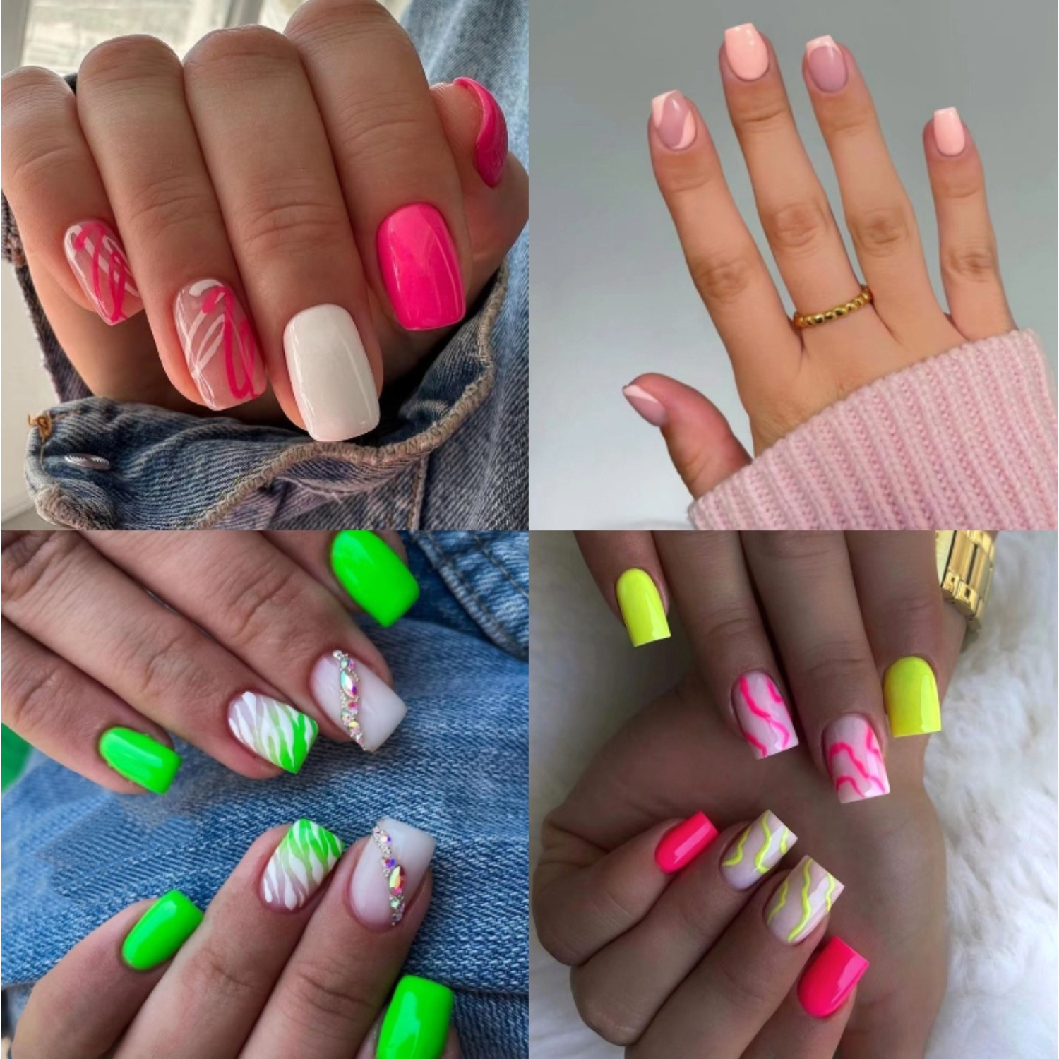 

96pcs (4-piece Set) Short Square Push-in Nails, Vibrant Green Yellow And White Pink Fake Nails With Rhinrhine Embellishments, Sparkling Full Set Nails For Women