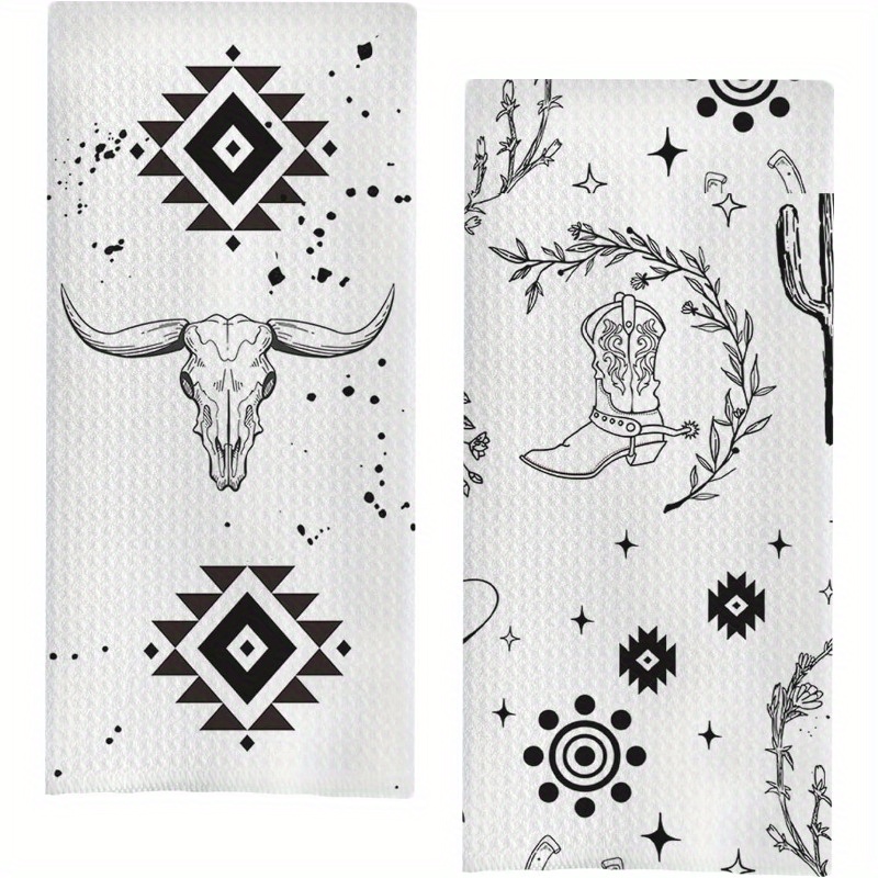 

2pcs Polyester Kitchen Towels - 18x26 Inch, Western Cow & Cactus Design, Home Decor & Use