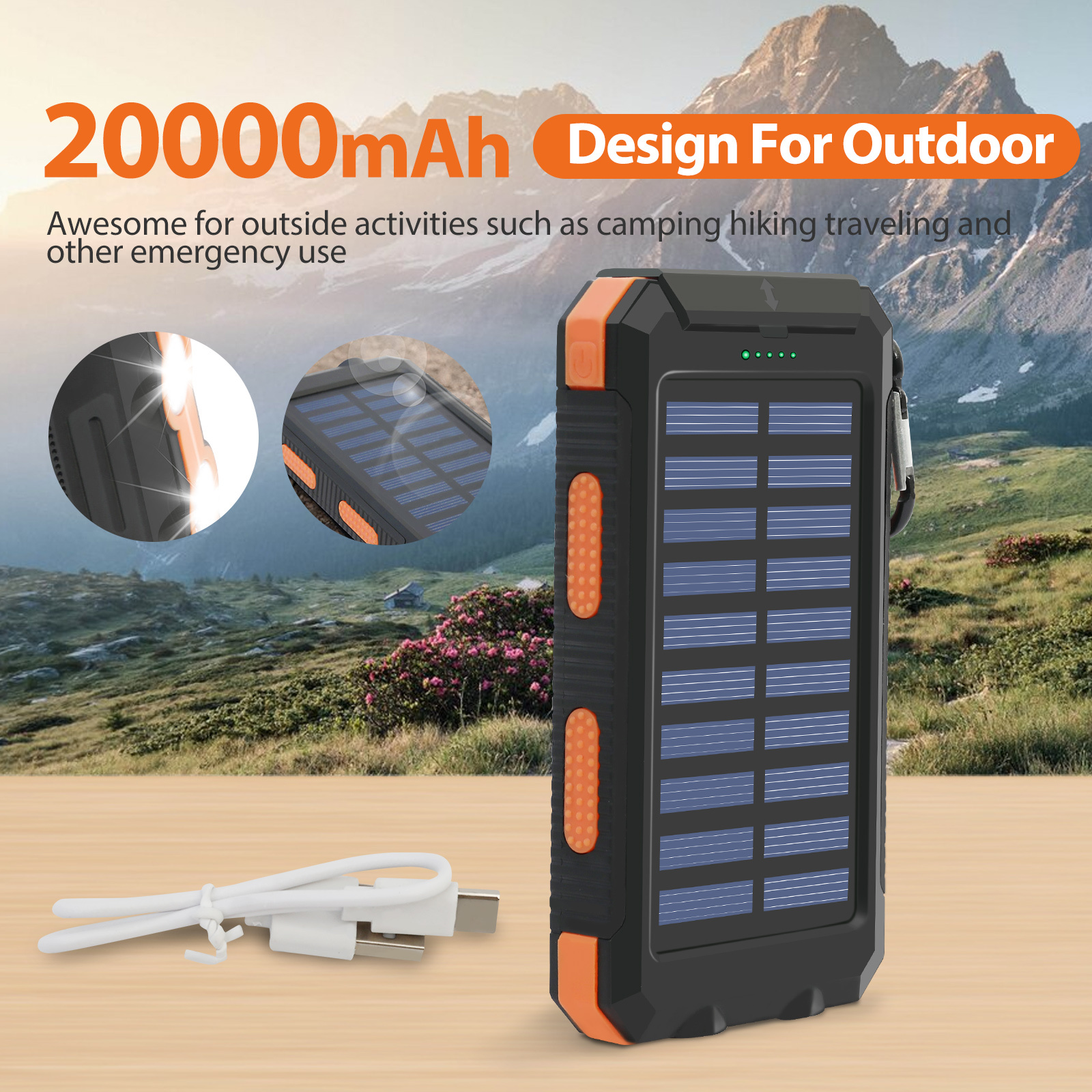 

20000mah Solar Charger For Cell Phone, Portable Solar Power Bank With Usb, Led Flashlight And Compass For Camping Trips And Home Emergency