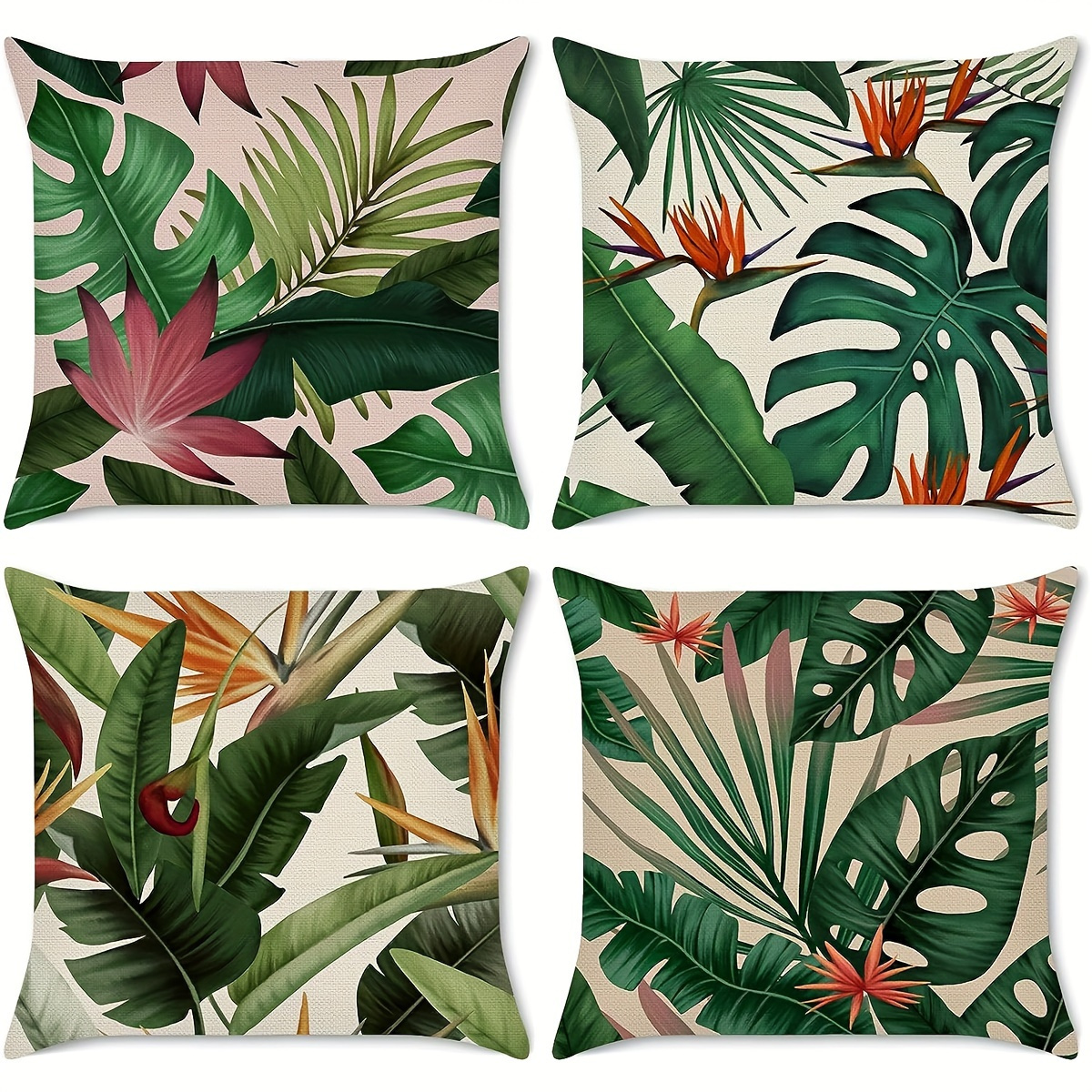 

4pcs Tropical Leaves Throw Pillow Covers Green Palm Pillows Case Linen Cushion Covers For Outdoor Couch Sofa Patio Decor 18 X 18 Inch (no Pillow Insert)