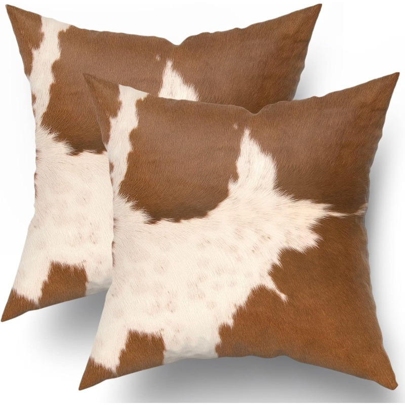 

Western Cowhide Print Cushion Covers 18x18 Inches, Set Of 2, Decorative Farmhouse Animal Skin Pattern Throw Pillow Cases, Woven Polyester, No Power Required, Rectangle Shape