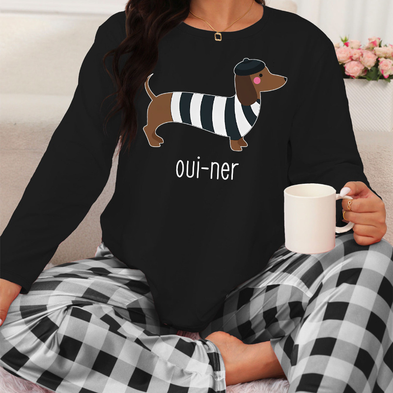 

Dachshund Pajama Set: Long Sleeve Top With Striped Dachshund Design And Checkered Pants - In