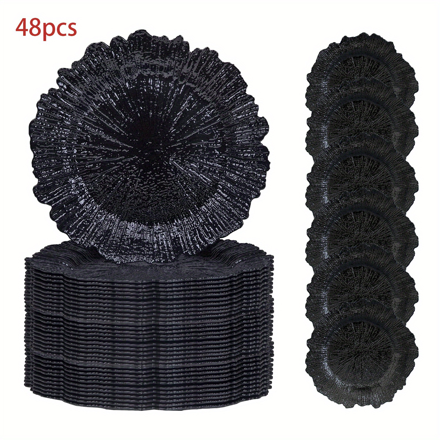 

48pcs, 13inches/ 33cm Black Charger Plates, Thanksgiving, Christmas, Reef Plate For Dinner Plates, Plastic Table For Wedding