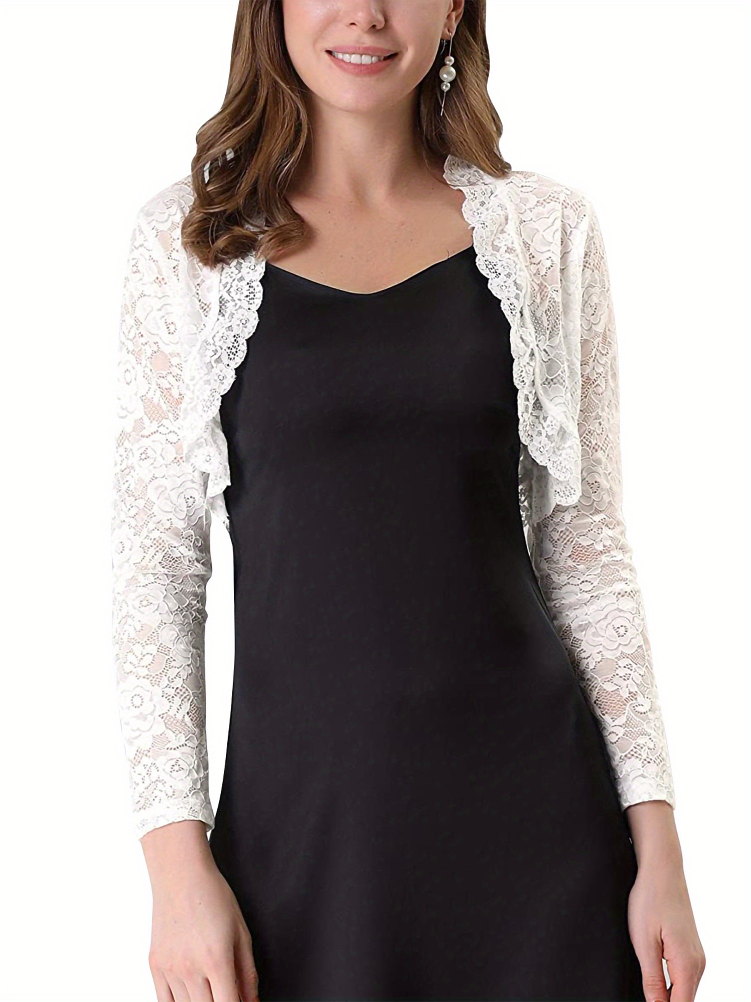 Women Lace Bolero Shrug See Through Long Sleeve Lace Floral Open Front  Cardigan Sheer Mesh Cropped Going Out