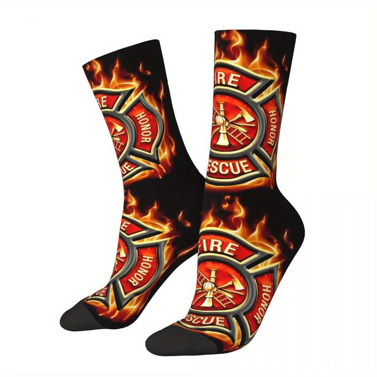 

1 Pair Men's Firefighter-themed 3d Printed Crew Socks - Polyester With Elastane, Breathable & Comfortable, Knee-high With Design For Emergency Services, Breathable Socks| Graphic Socks|polyester Socks