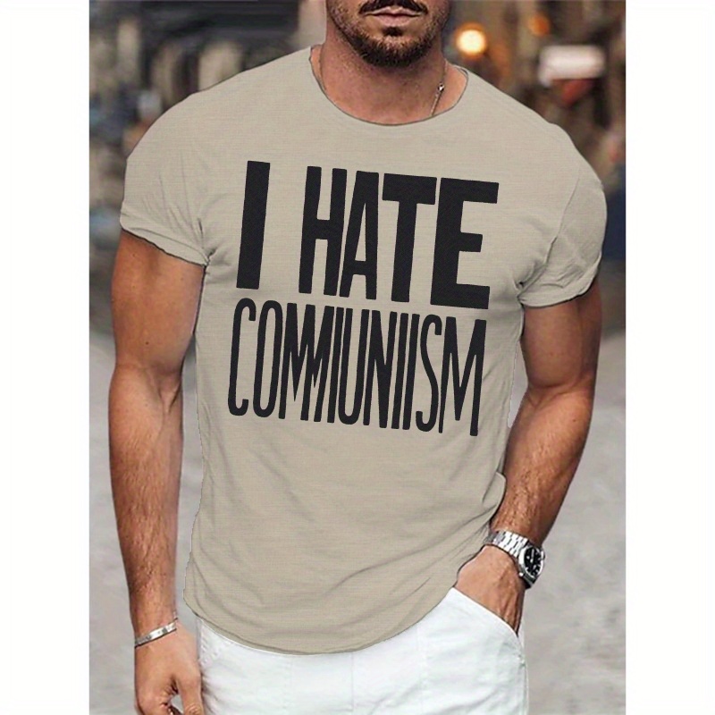 

Men's Graphic Print T-shirt With Bold 'i Hate Communism' Statement, 100% Polyester Knit, Casual Crew Neck Tee With Slight Stretch For Summer