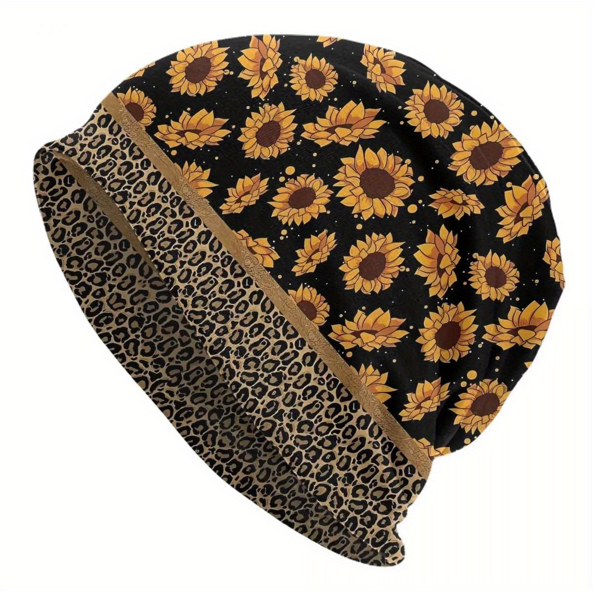 

Sunflower And Leopard Print Design Men's Comfortable Beanie Hat Knitted Casual Skull Cap Polyester Blend Elastic Unisex