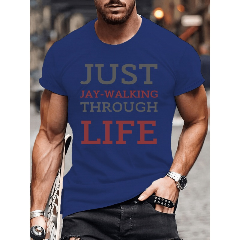 

Men's Polyester Crew Neck T-shirt With "just Jay-walking Through Life" Print, Casual Short Sleeve Knit Fabric Tee, Regular Fit, Geometric Pattern, Slight Stretch - Summer Wear